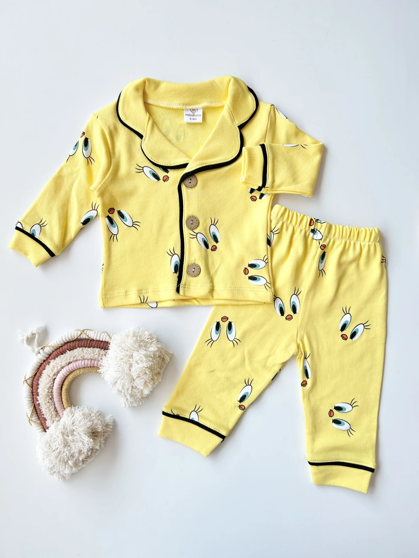 Bebek Takım tweety baskılı düğmeli pijama 9-24 ay sarı