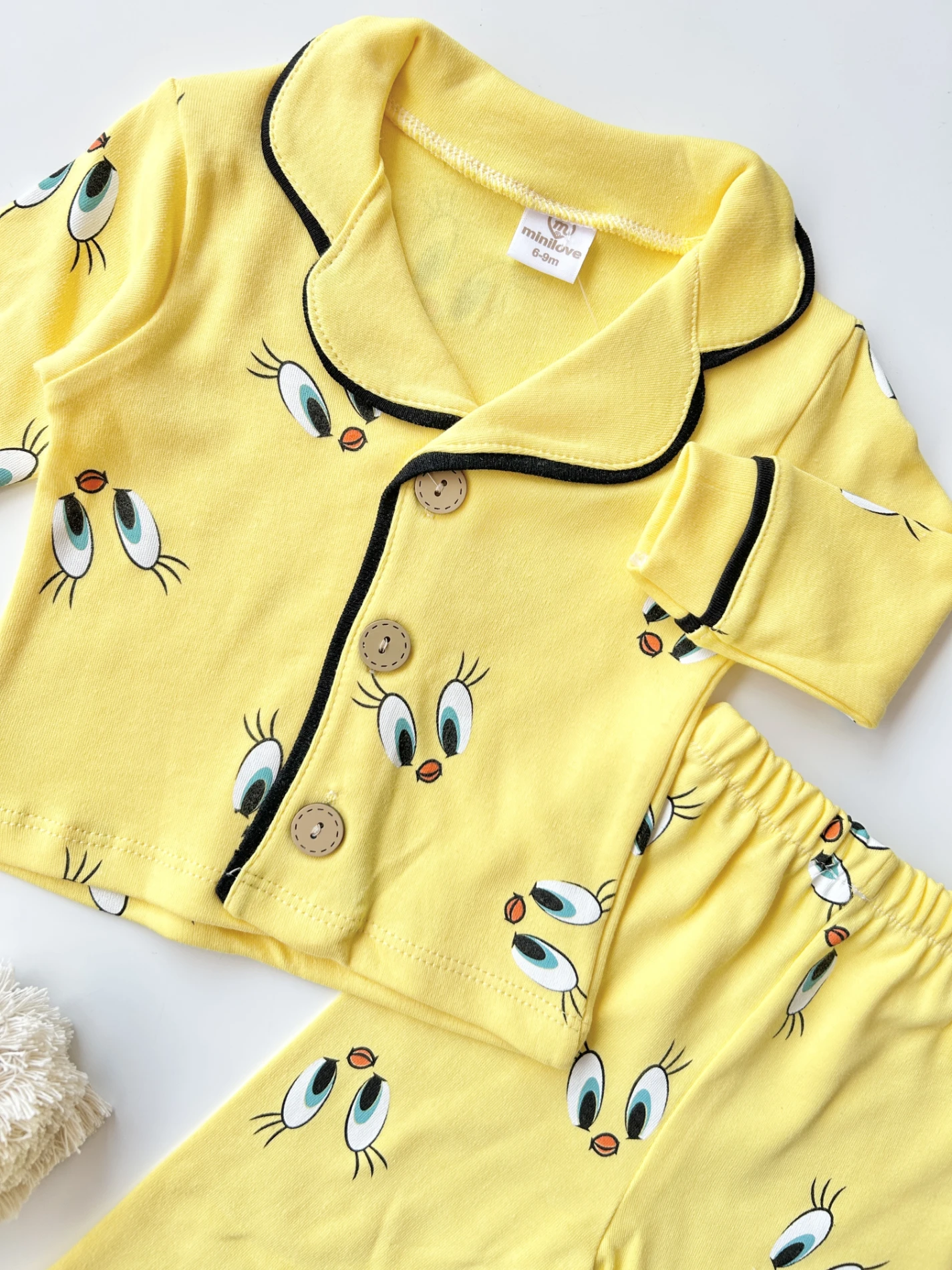 Bebek Takım tweety baskılı düğmeli pijama 9-24 ay sarı