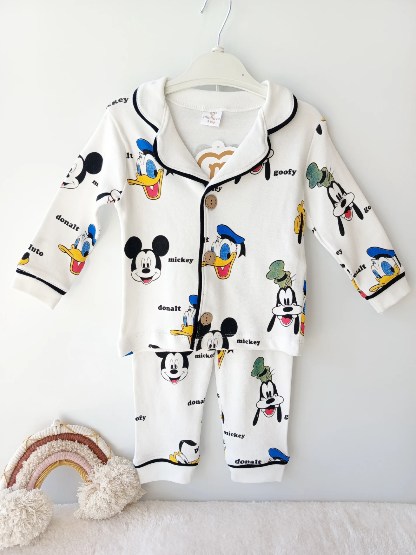 Çocuk Takım pijama mickey-donalt baskılı 3-6 yaş beyaz 