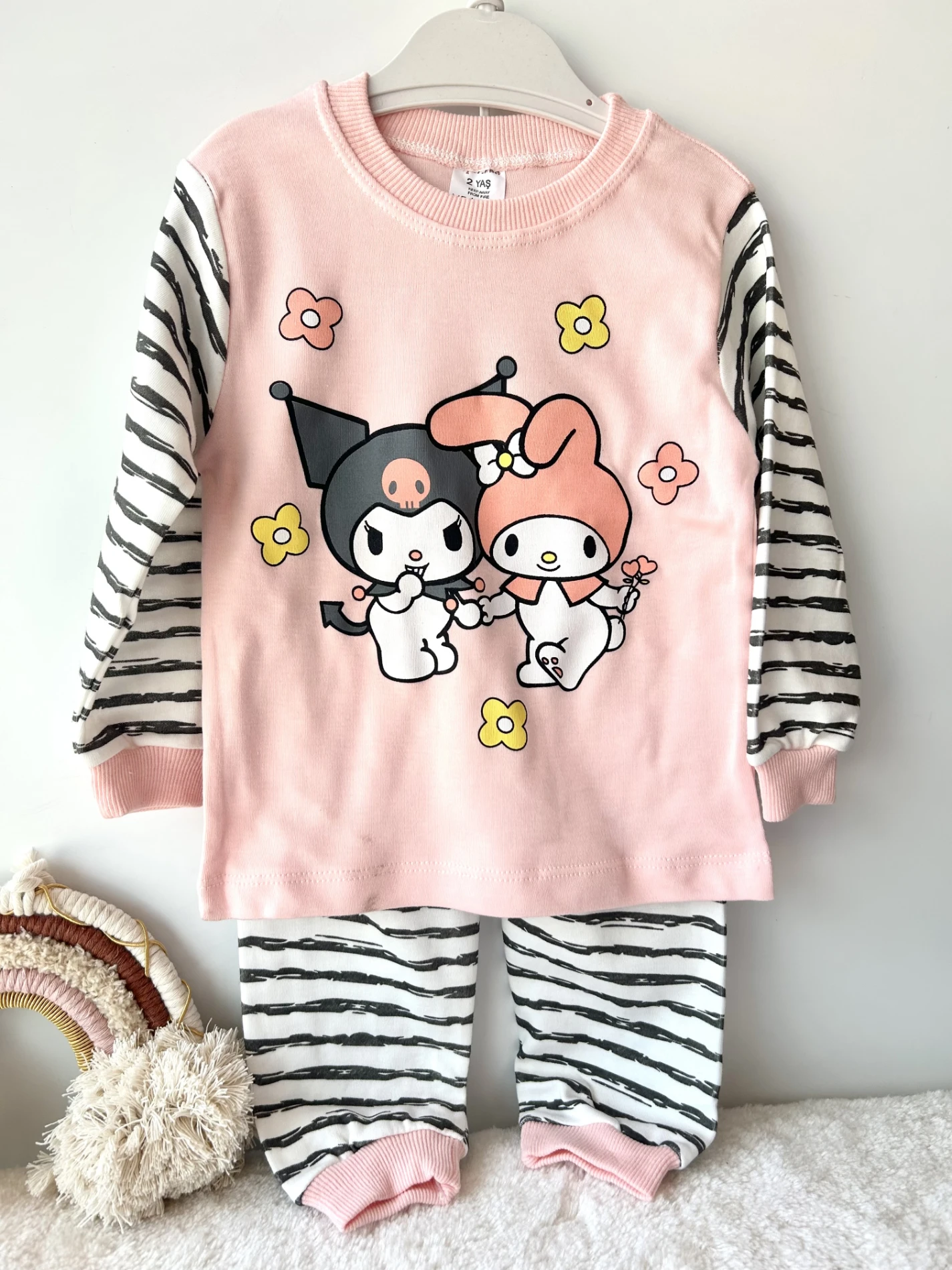 Bebek takım pijama kromi baskılı 1-3 yaş çizgili pembe 