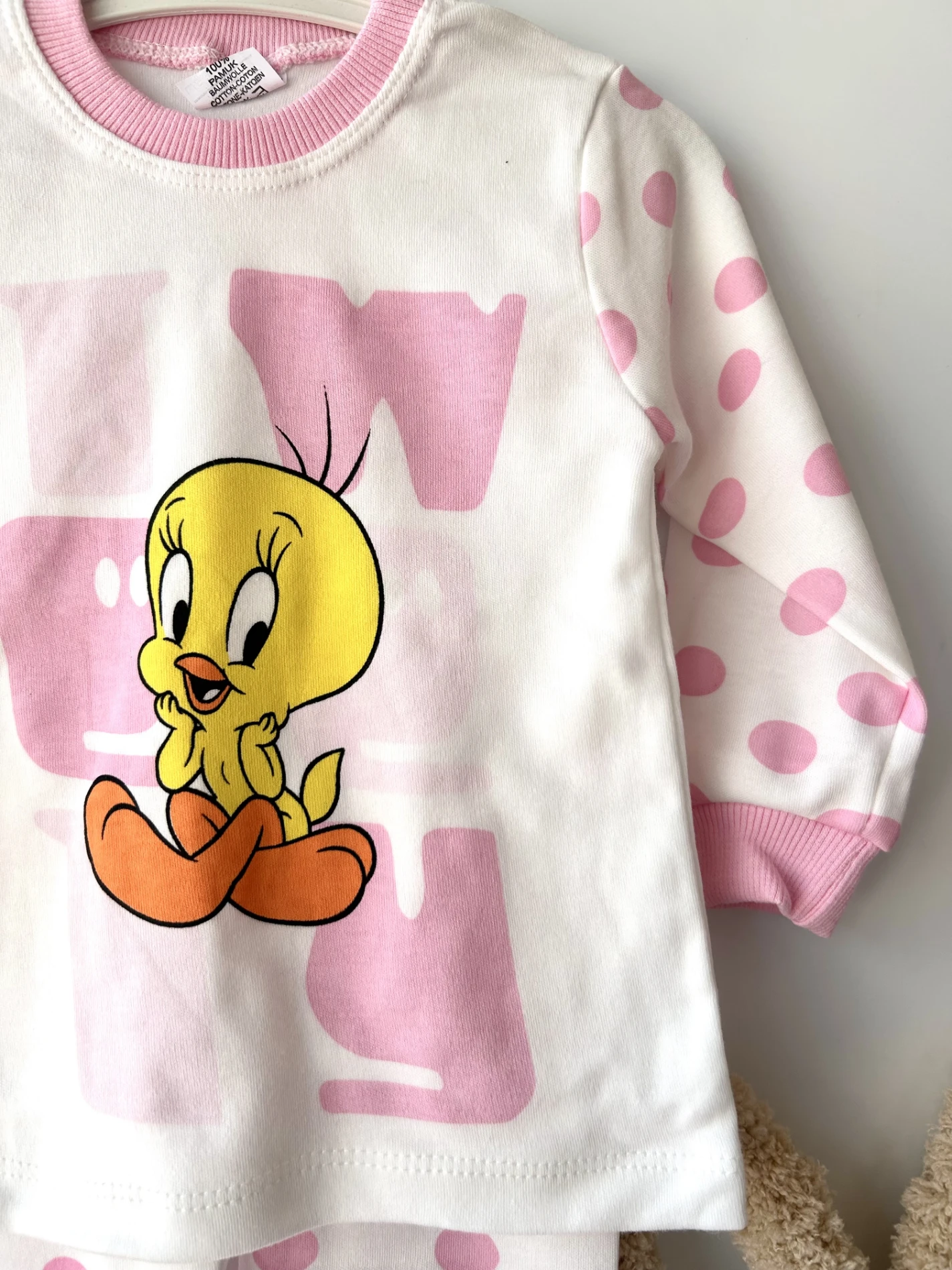 Bebek takım pijama tweety baskılı puantiyeli 1-3 yaş pembe