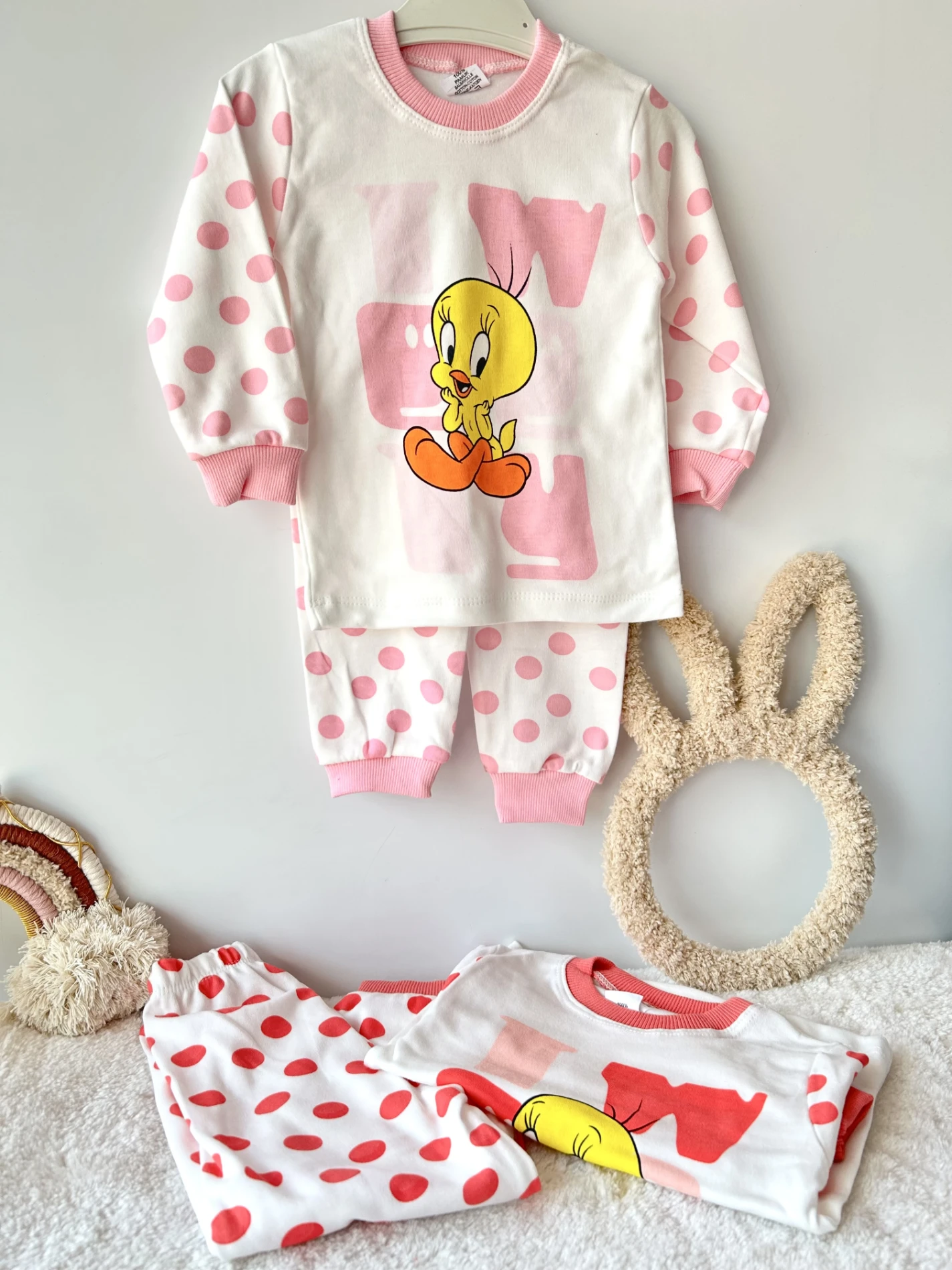 Bebek takım pijama tweety baskılı puantiyeli 1-3 yaş pembe 