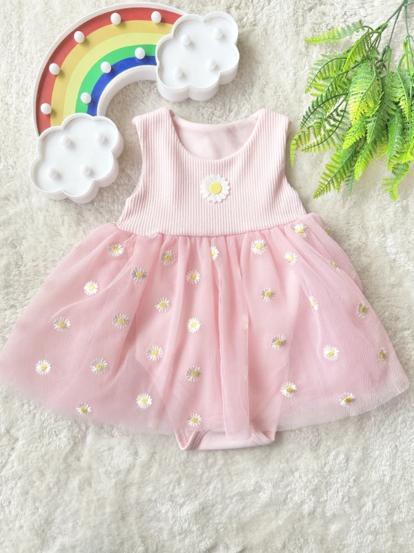 bebek elbise zıbınlı papatya baskılı tül etekli pembe 6-12 ay