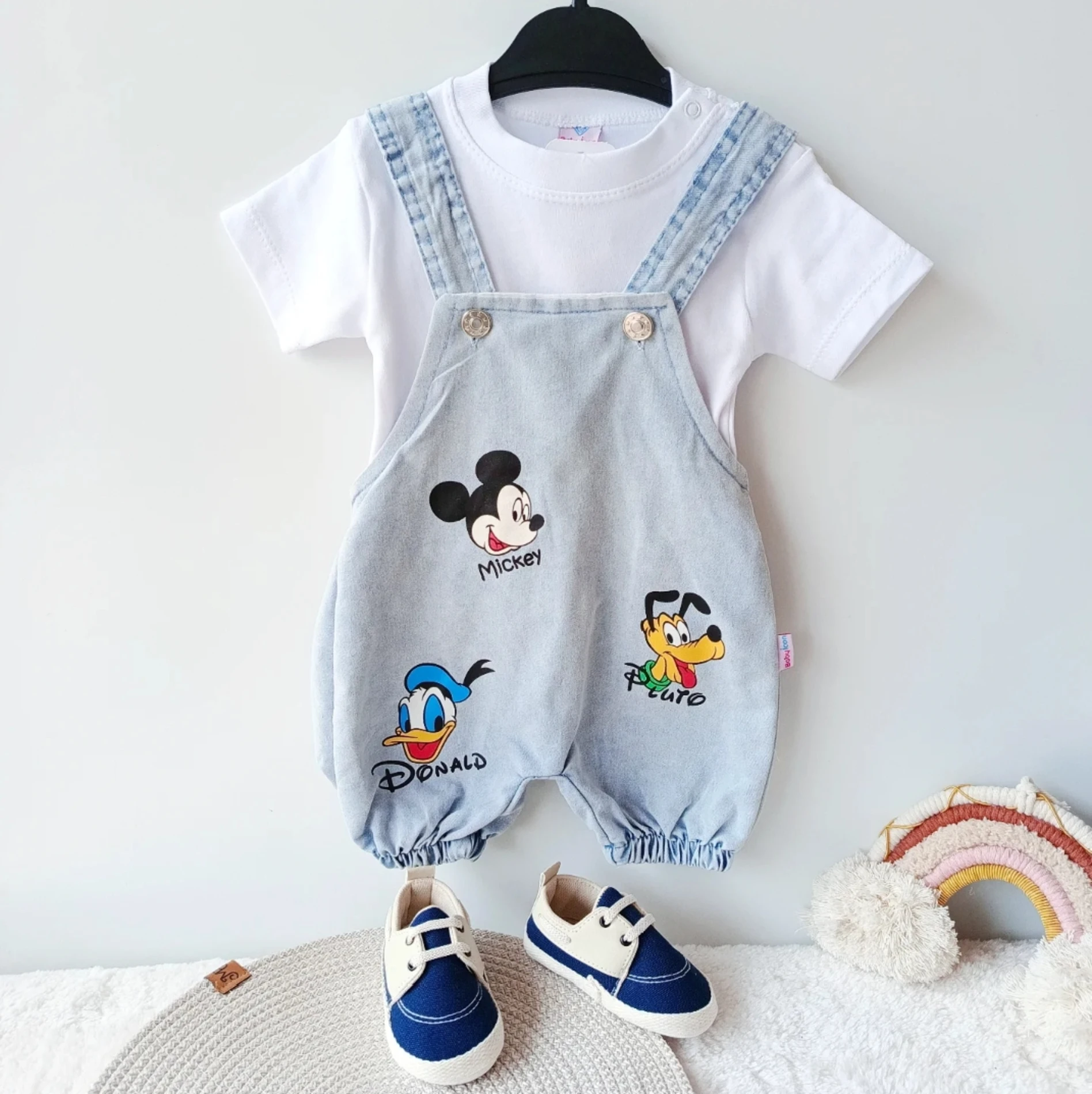 Bebek Salopet mickey-pluto ve donald baskılı kısa kol badili kot 6-9-12-18 ay  Mavi 