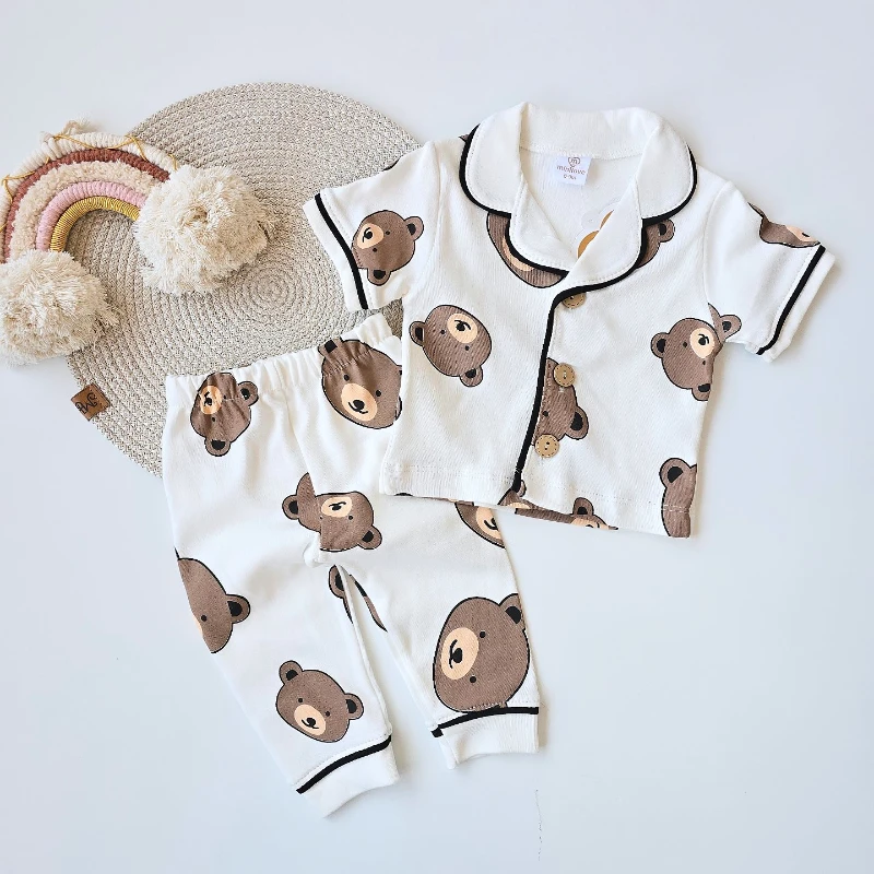 Bebek pijama takım ayıcık kafası baskılı düğmeli kısa kollu 6-24 ay