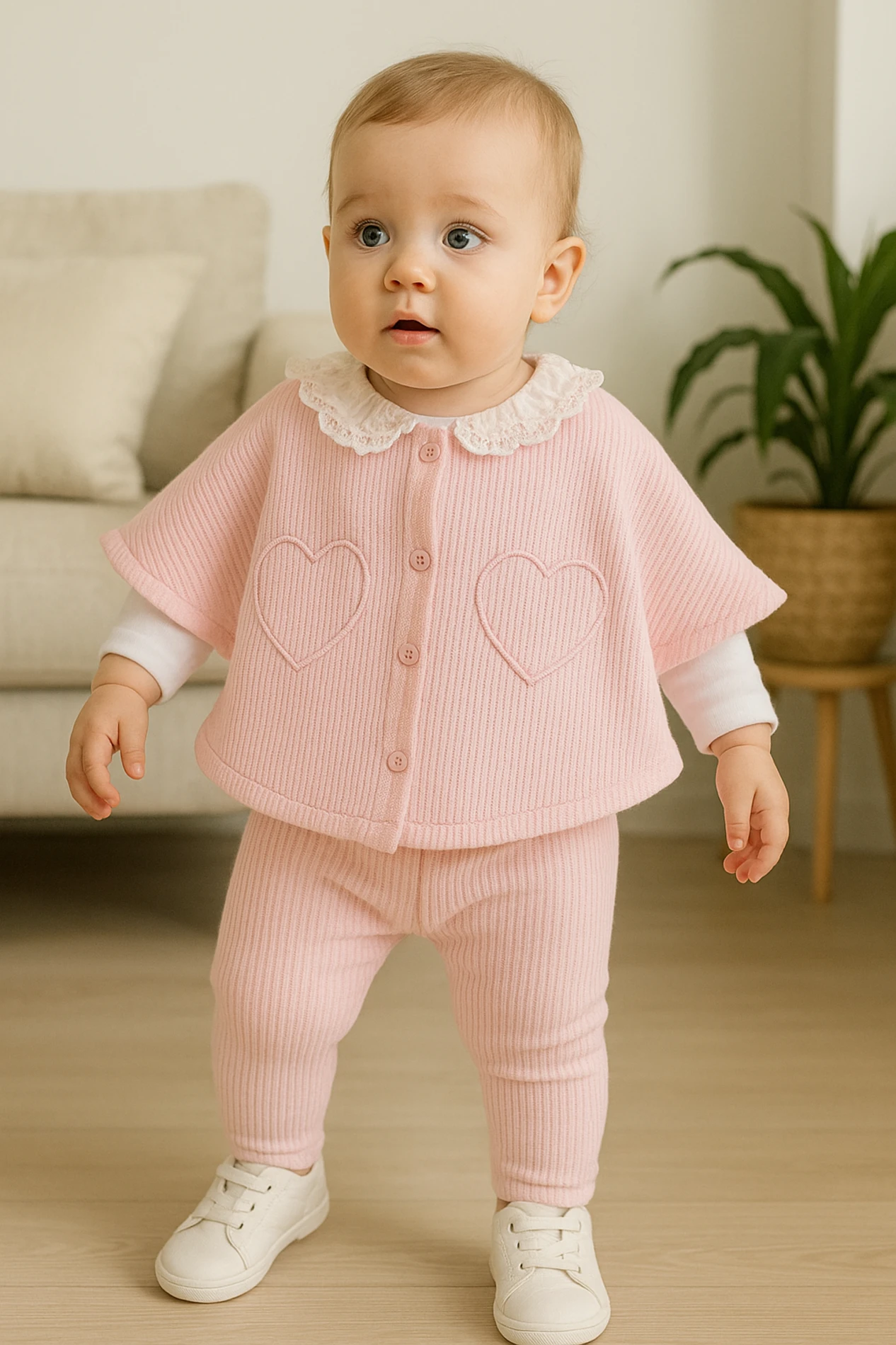Bebek Takım panço kalp nakışlı 3'lü 9-24 ay pembe 