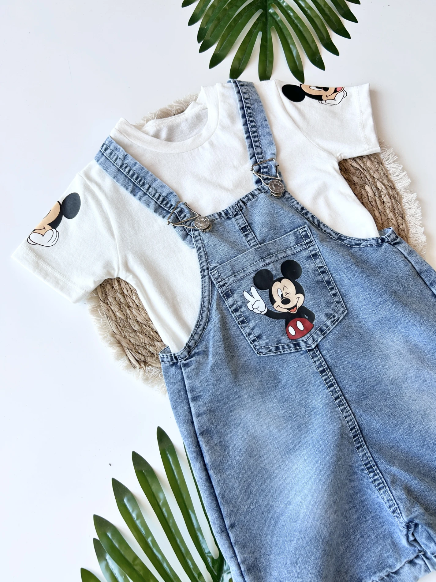 Çocuk Salopet Kot Mickey Mouse Baskılı 2-6 Yaş Mavi