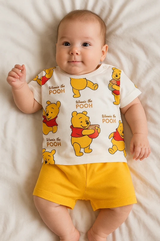Bebek Takım Pooh Baskılı Pamuklu Şortlu 