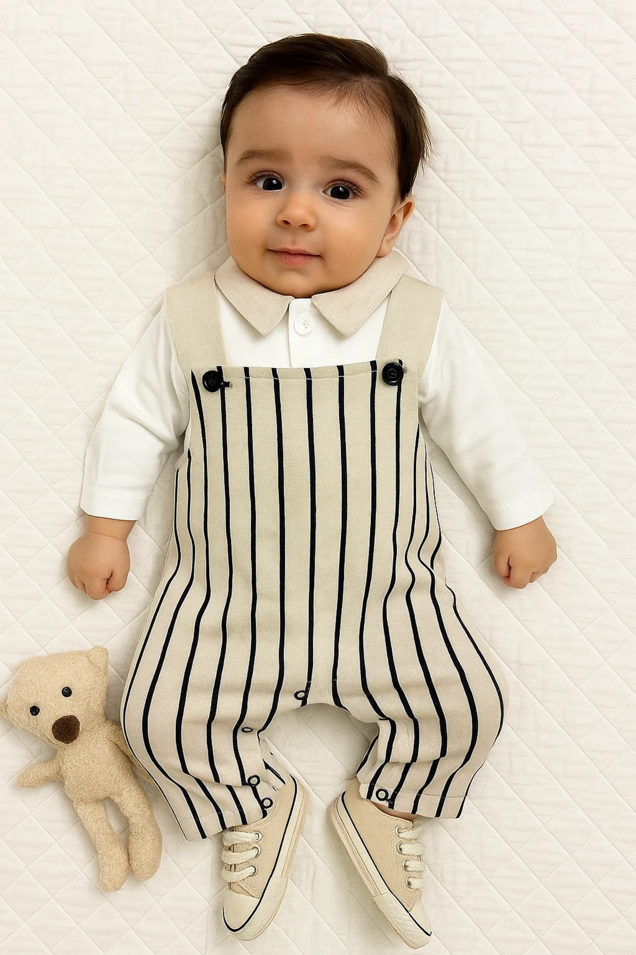 Bebek Salopet Çizgili Düğme Detaylı Çıtçıtlı  