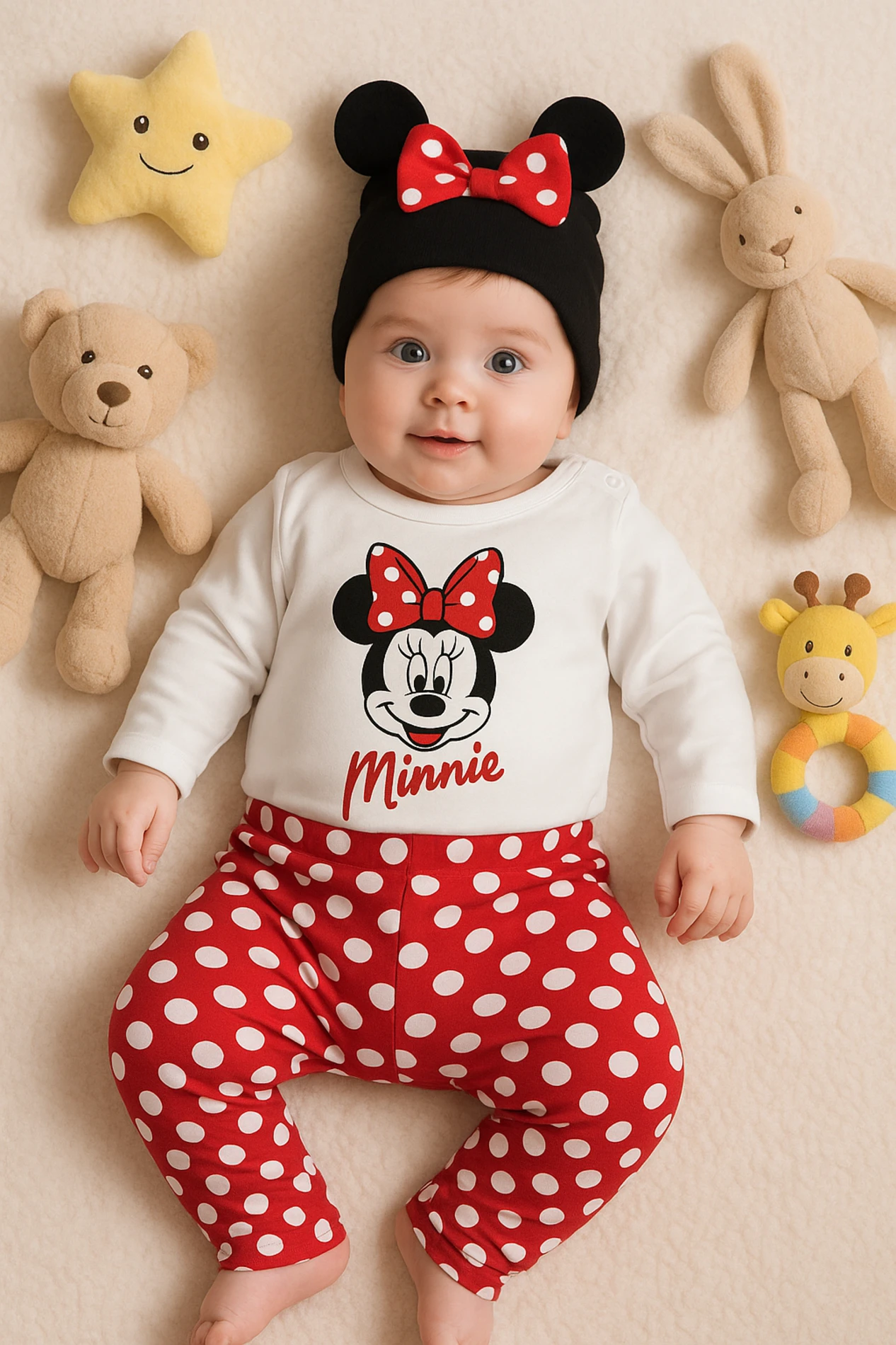 Bebek Takım Zıbınlı 3'Lü Minnie Baskılı Puantiyeli 
