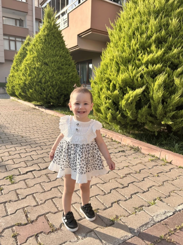 Bebek Elbise Leoparlı Güpür Detaylı 9-18 Ay Krem 