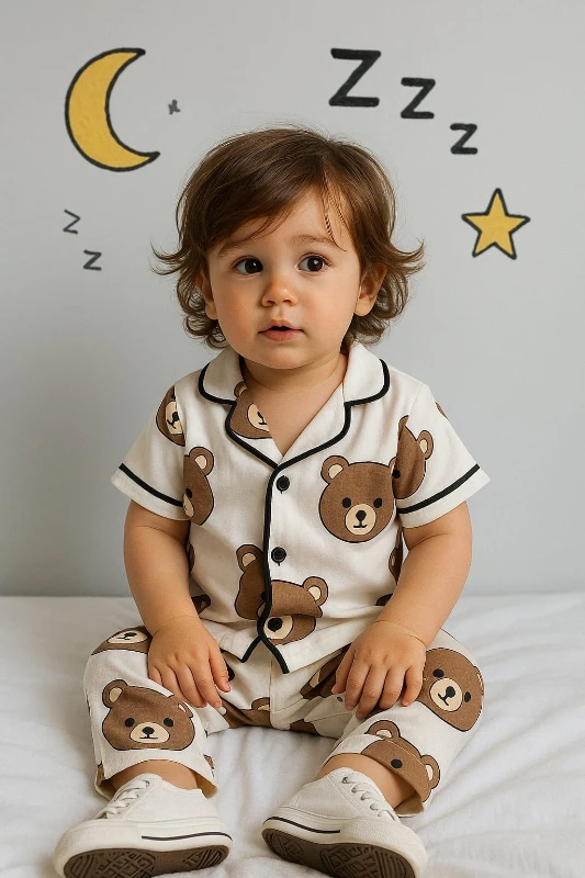 Bebek pijama takım ayıcık kafası baskılı düğmeli kısa kollu 6-24 ay