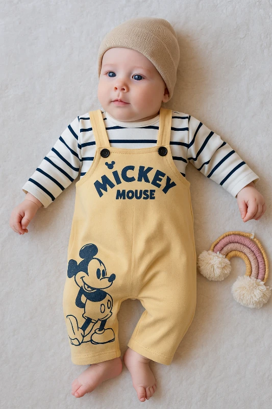 Bebek Takım mickey baskılı salopet çizgili badili 0-12 bej