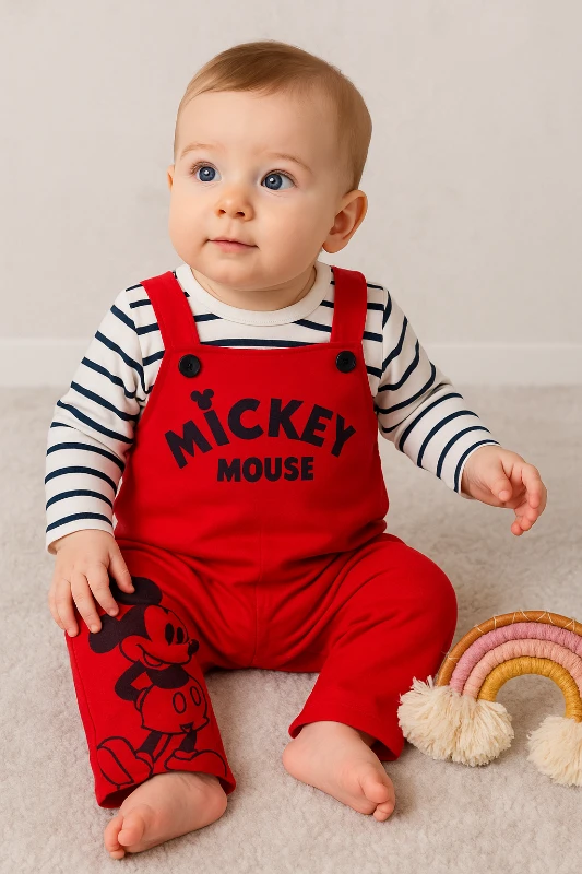 Bebek Takım mickey baskılı salopet çizgili badili 0-12 kırmızı
