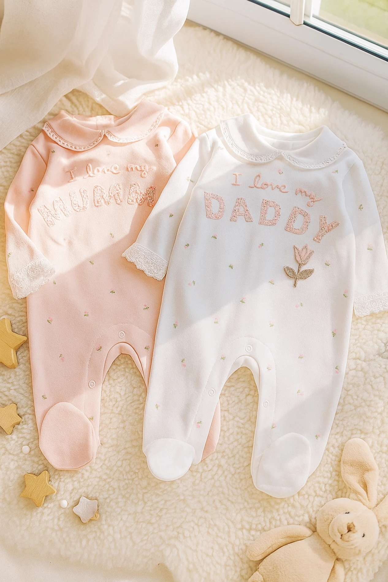 Bebek Tulum 2'Li I Love Mummy Daddy Baskılı Patikli Güpür Detaylı 
