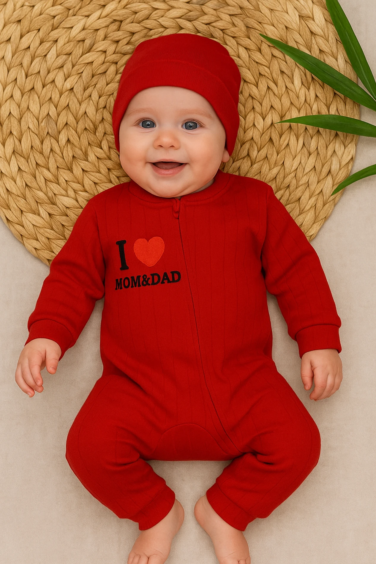 Bebek Tulum Mom&Dad Baskılı Fermuarlı Şapkalı 