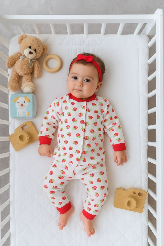 Bebek takım çilek baskılı çıtçıtlı pijama 0-3 yaş