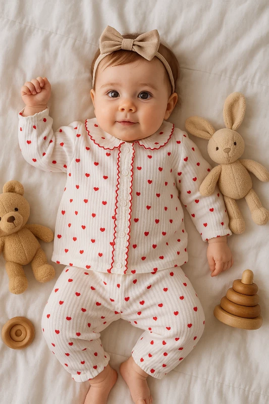 Bebek takım kalp baskılı dantel yaka çıtçıtlı pijama 0-6 ay