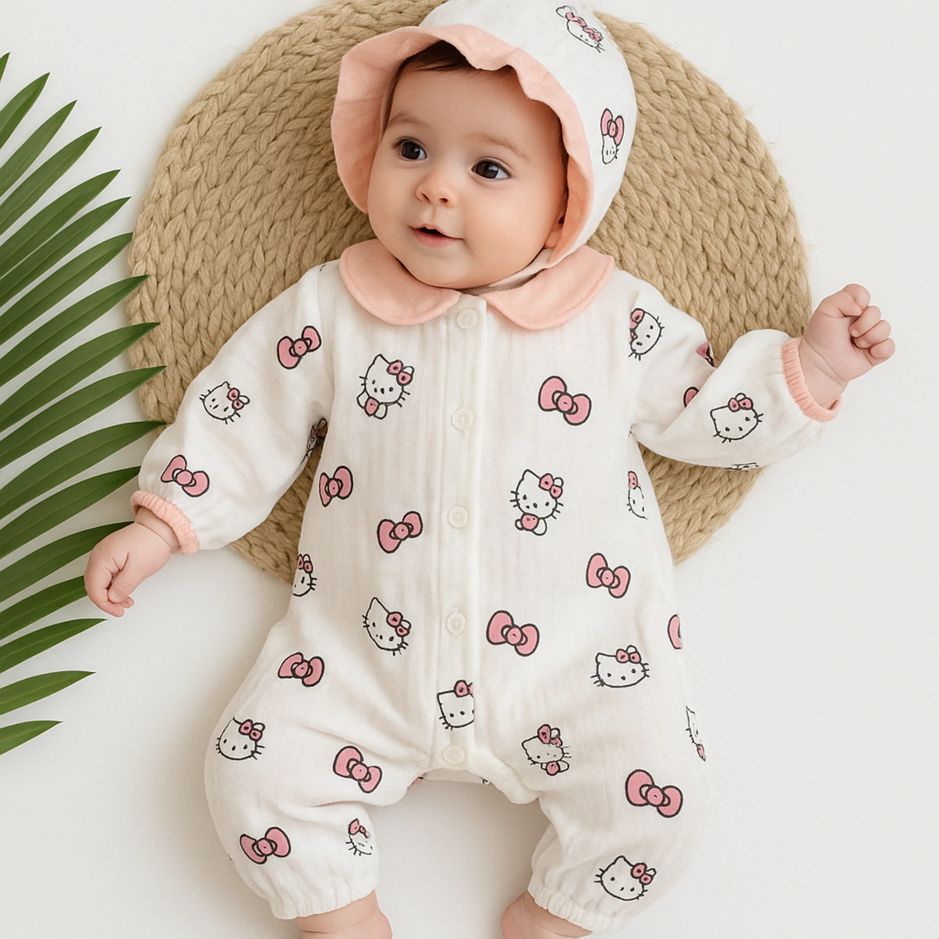 Bebek Tulum Müslin Kumaş Hello Kitty Desenli Şapkalı 0-3 Ay  