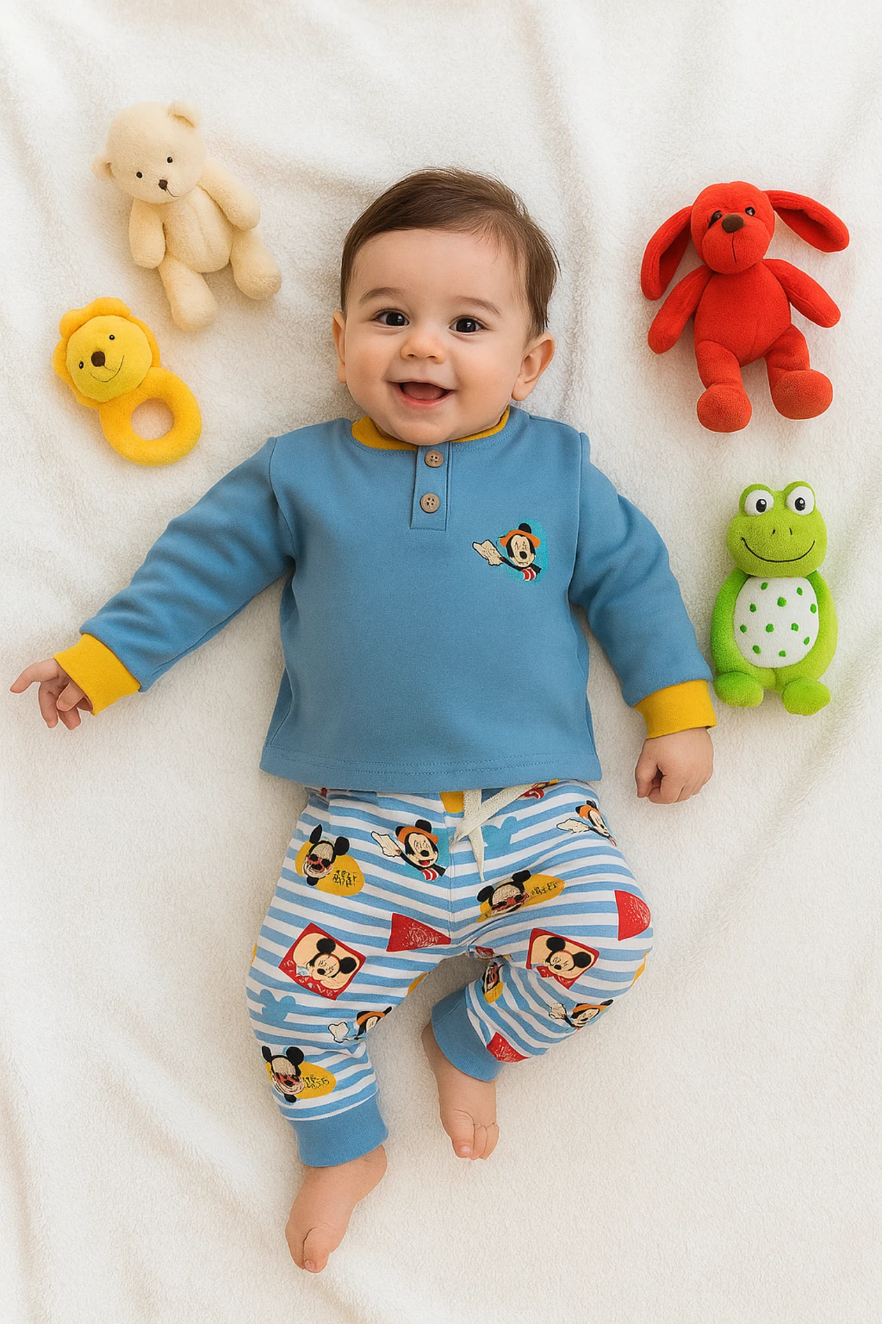 Bebek takım mickey baskılı çizgili düğme detaylı 6-24 ay mavi 