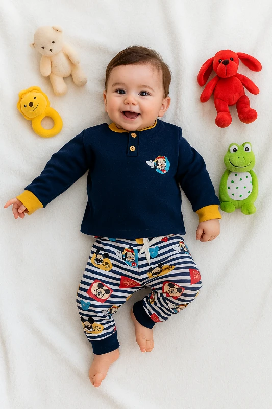 Bebek takım mickey baskılı çizgili düğme detaylı 6-24 ay lacivert