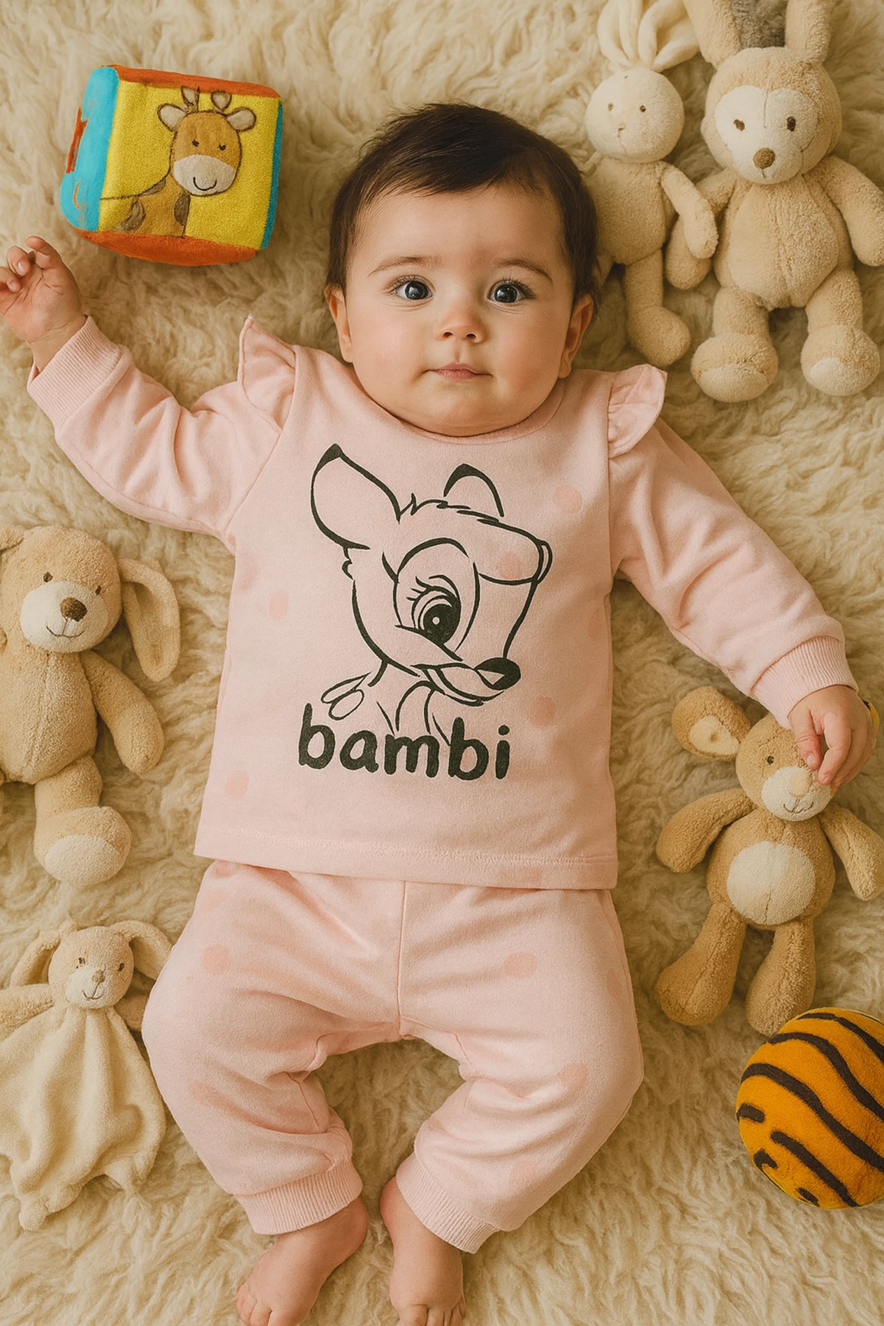 Bebek Takım Bambi Baskılı Kol Fırfır Detaylı 