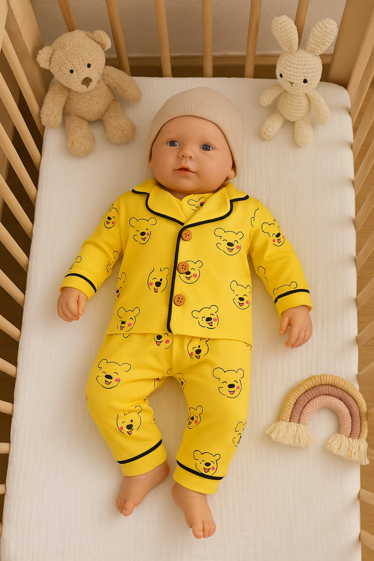 Bebek takım pooh baskılı düğmeli pijama 6-24 ay sarı