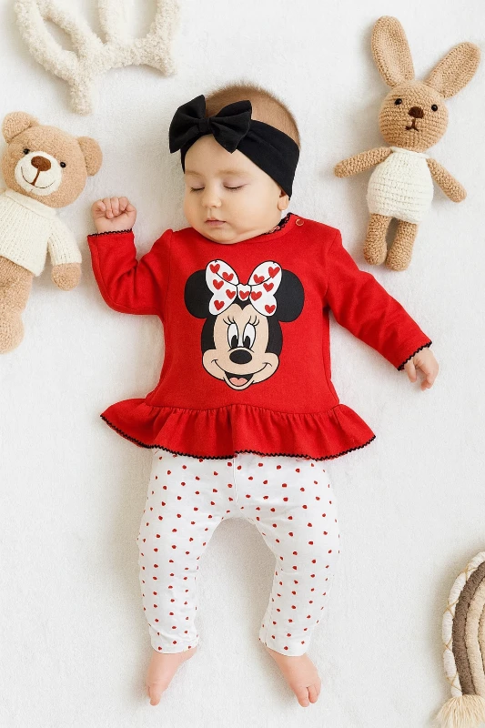Bebek takım minnie baskılı fırfırlı puantiyeli 3-12 ay kırmızı