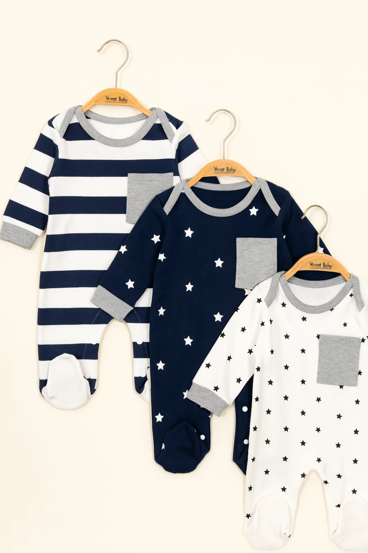 Bebek Tulum 3'Lü Set Patikli Yıldız Ve Cep Detaylı 