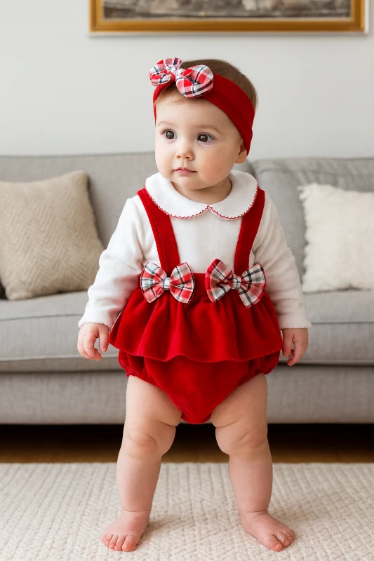Bebek Romper Kadife Kumaş Fiyonk Detaylı Bandanalı 