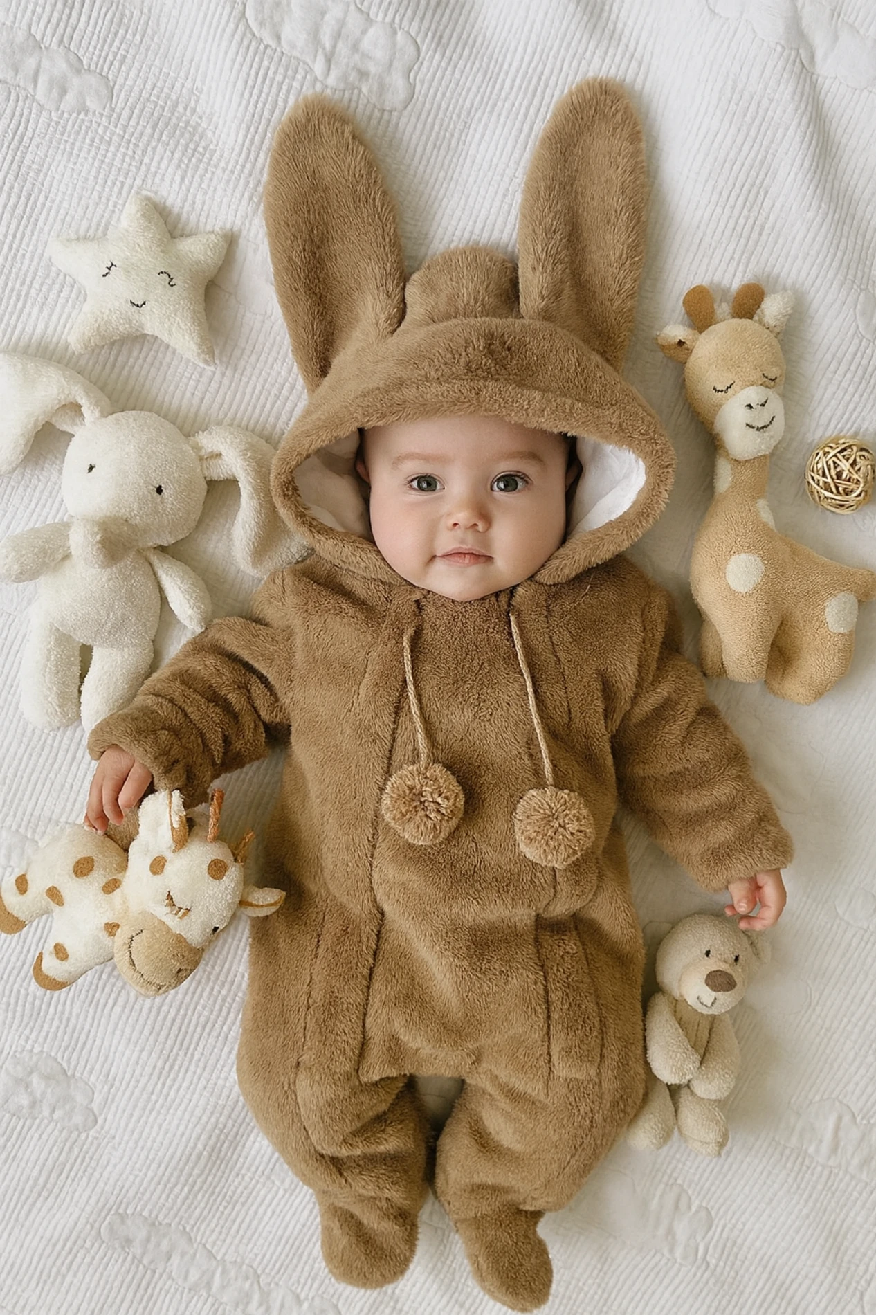 Bebek Tulum Peluş Welsoft Kapşonlu Ponpon Detaylı Fermuarlı