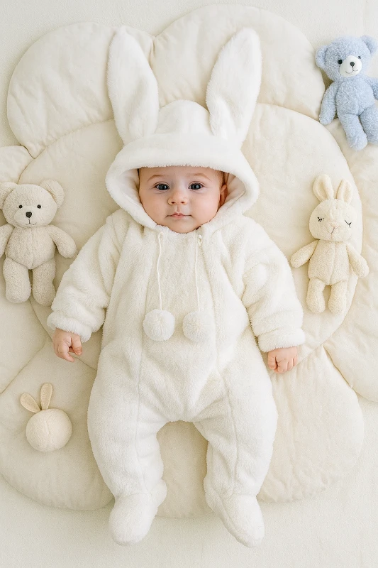 Bebek Tulum Peluş Welsoft Kapşonlu Ponpon Detaylı Fermuarlı