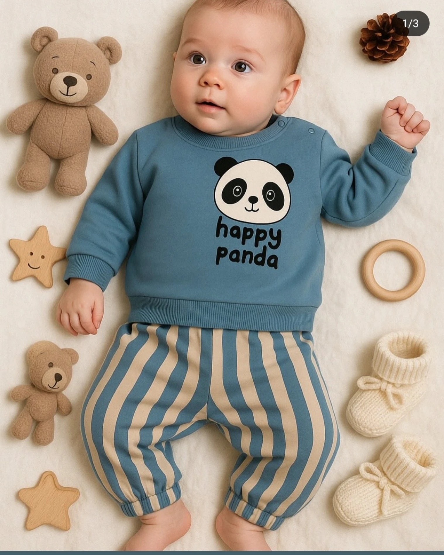 Bebek Takım 2'Li Panda Baskılı Çizgi Detaylı
