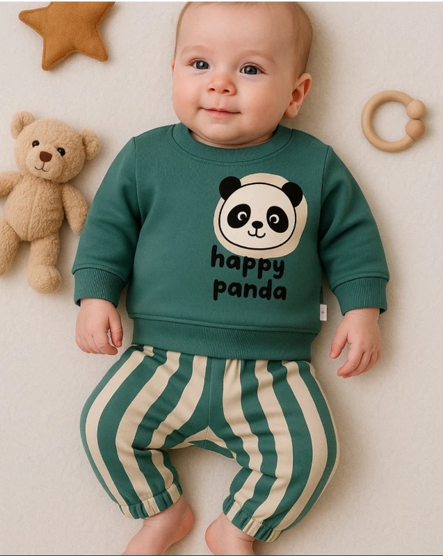 Bebek Takım 2'Li Panda Baskılı Çizgi Detaylı