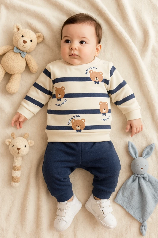 Bebek Takım lucky bear baskılı çizgi detaylı 6-9 ay lacivert
