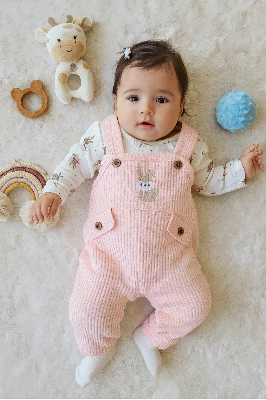 bebek tulum salopet tavşan nakışlı çorap hediyeli 3-9 ay