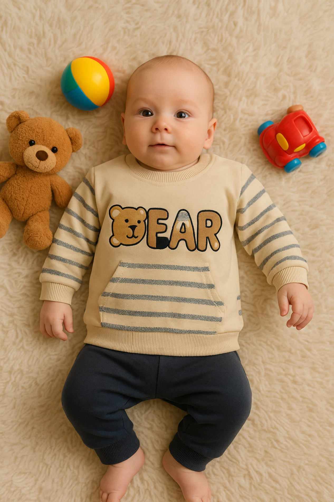 Bebek takım bear nakışlı kanguru cepli  