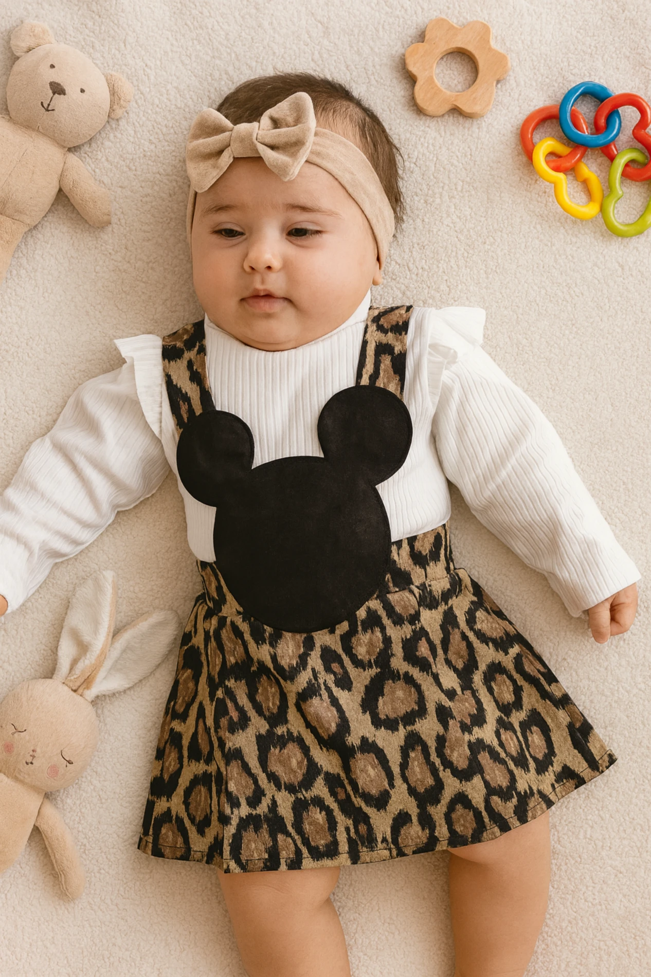 Çocuk Elbise Leopar Desenli Minnie Mouse Detaylı 
