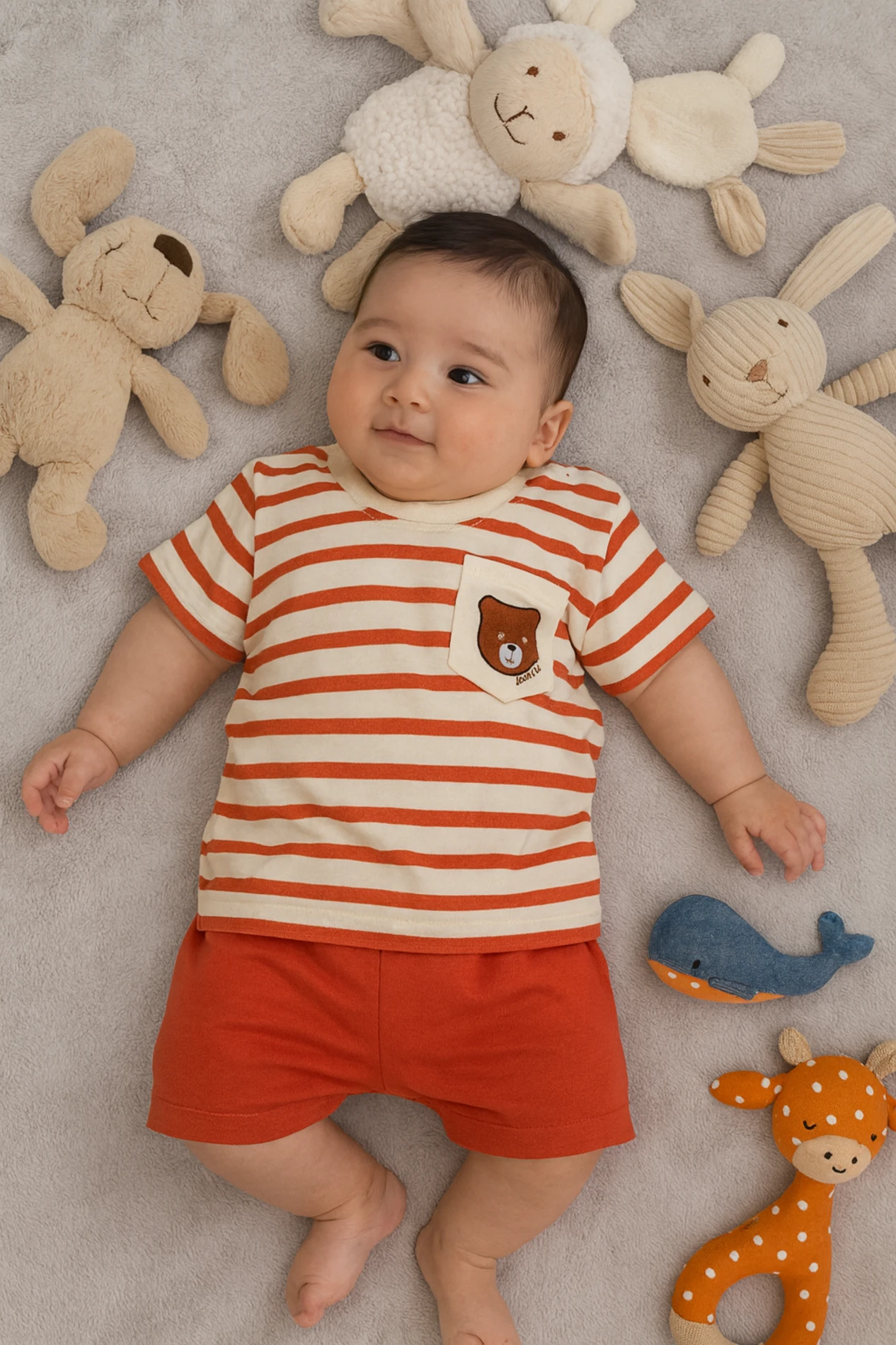 Bebek Takım Ayı Baskılı Çizgili Cep Detaylı 