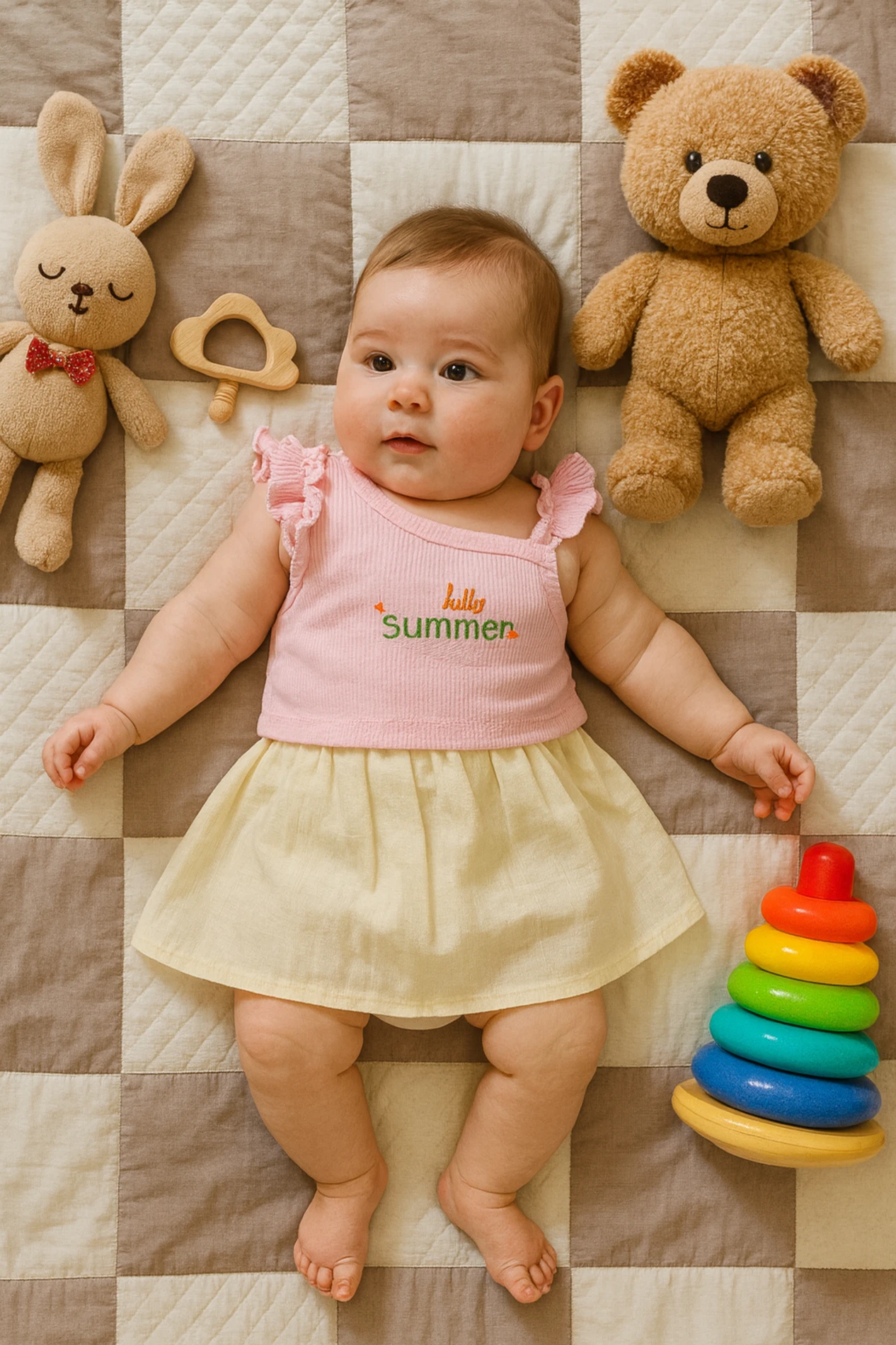 Bebek Takım Etekli Fırfır Kol Detaylı Summer Baskılı