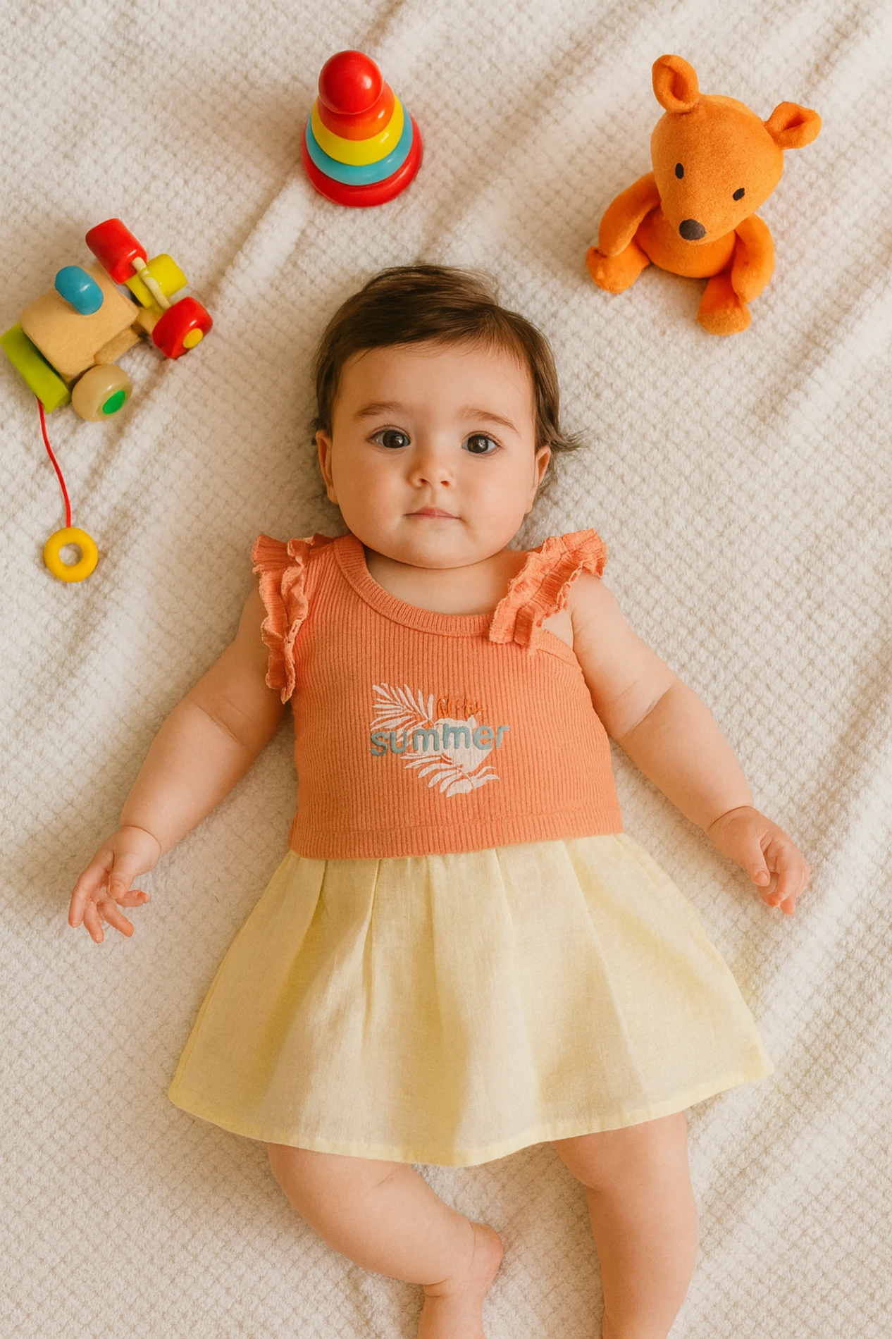Bebek Takım Etekli Fırfır Kol Detaylı Summer Baskılı 
