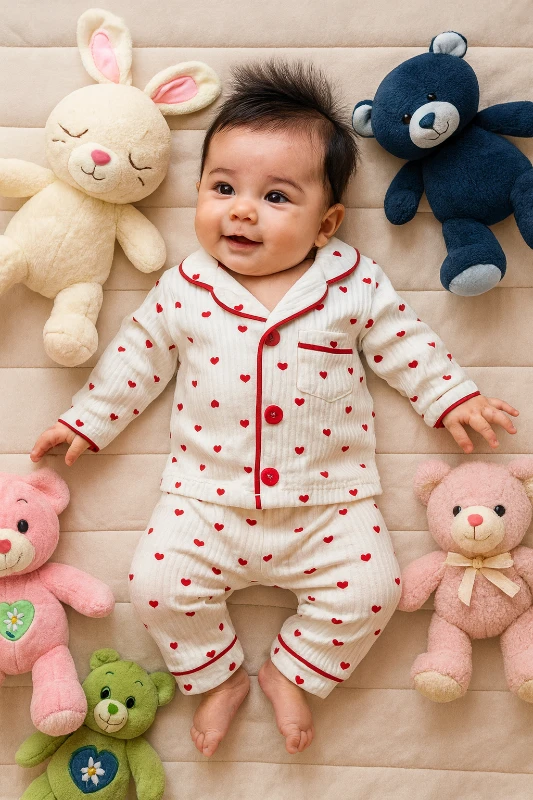 Bebek Pijama Takım Kalp Baskılı Cep Detaylı 