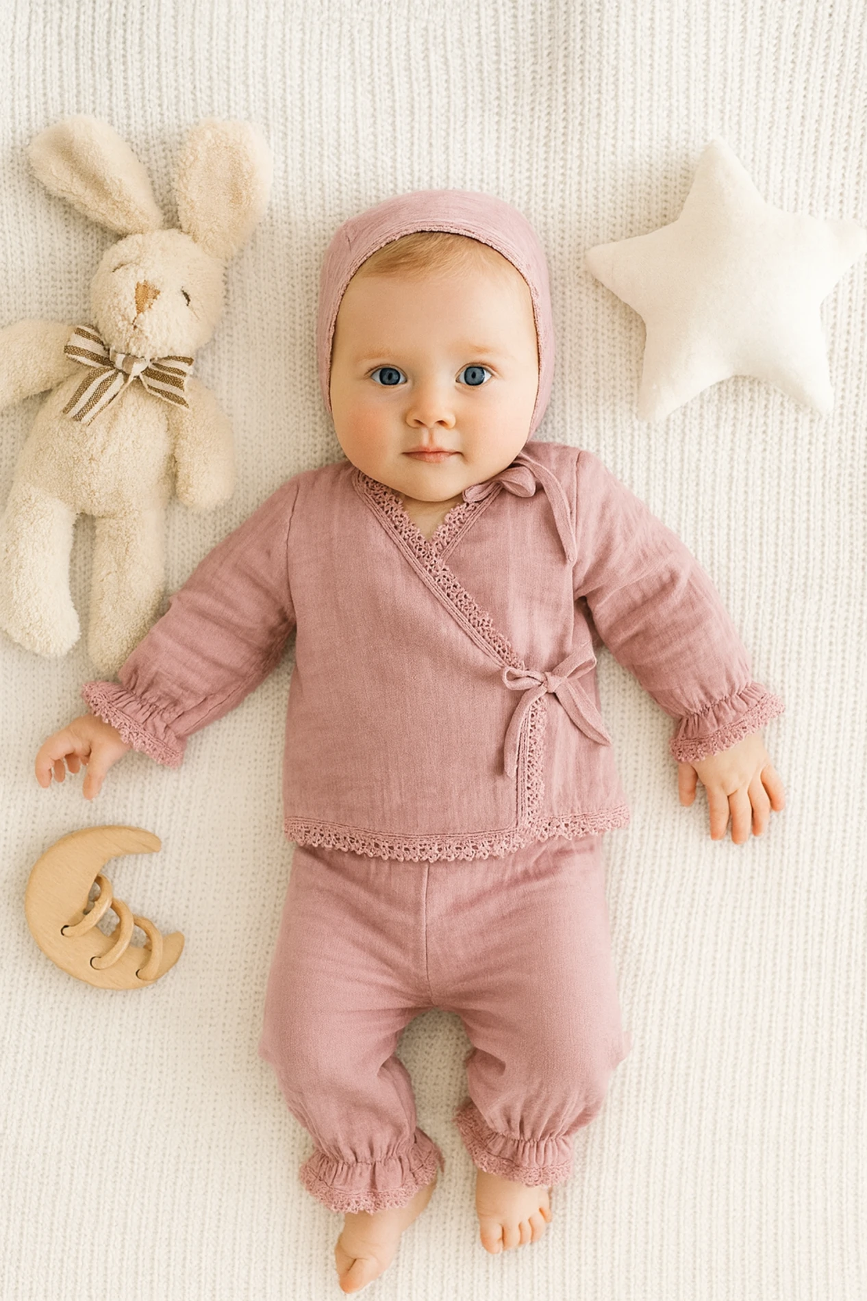 Bebek Müslin Kumaş Kruvaze Model Dantel Detaylı Hastane Çıkışı 3'Lü Set