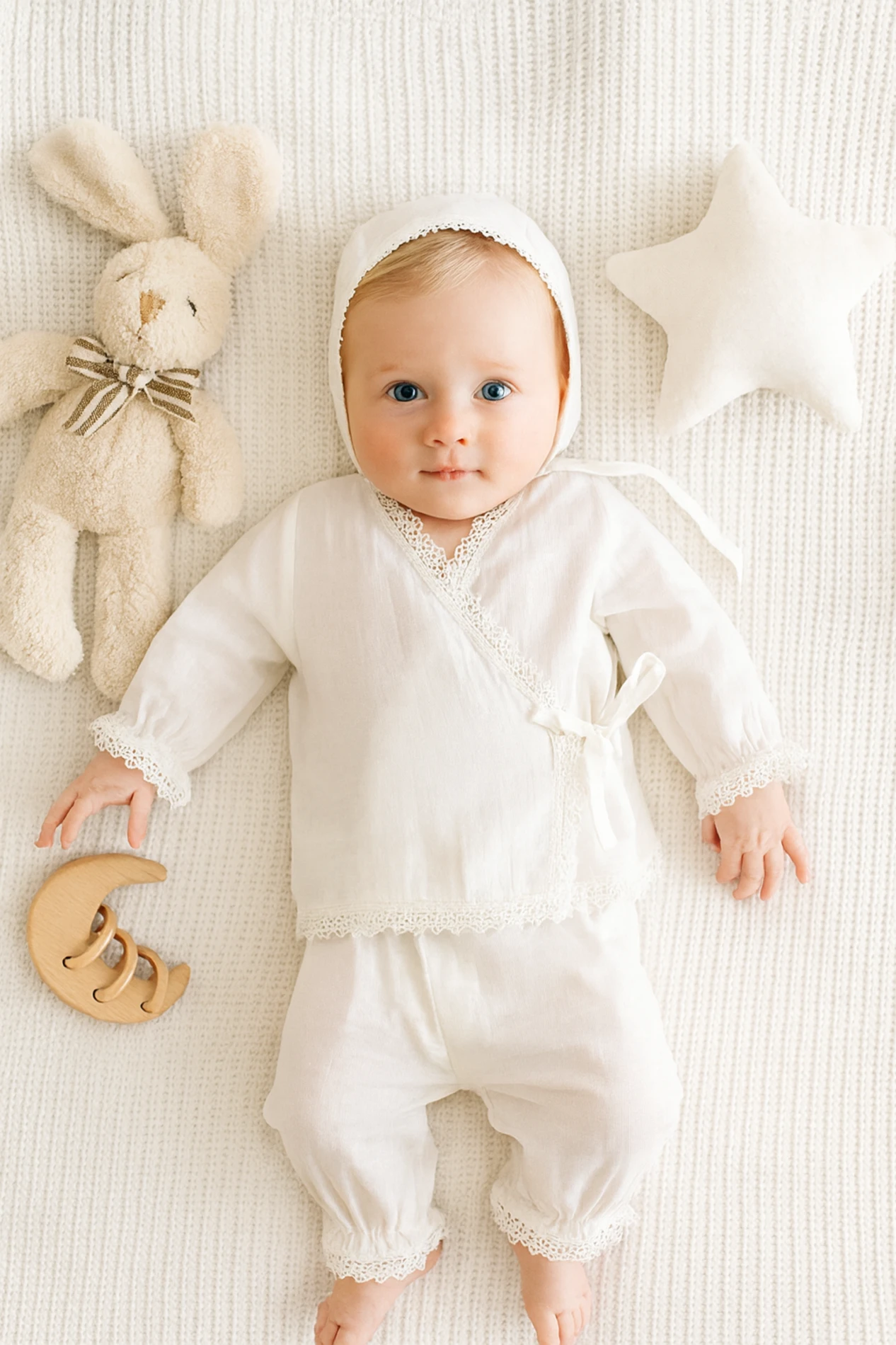 Bebek Müslin Kumaş Kruvaze Model Dantel Detaylı Hastane Çıkışı 3'Lü Set
