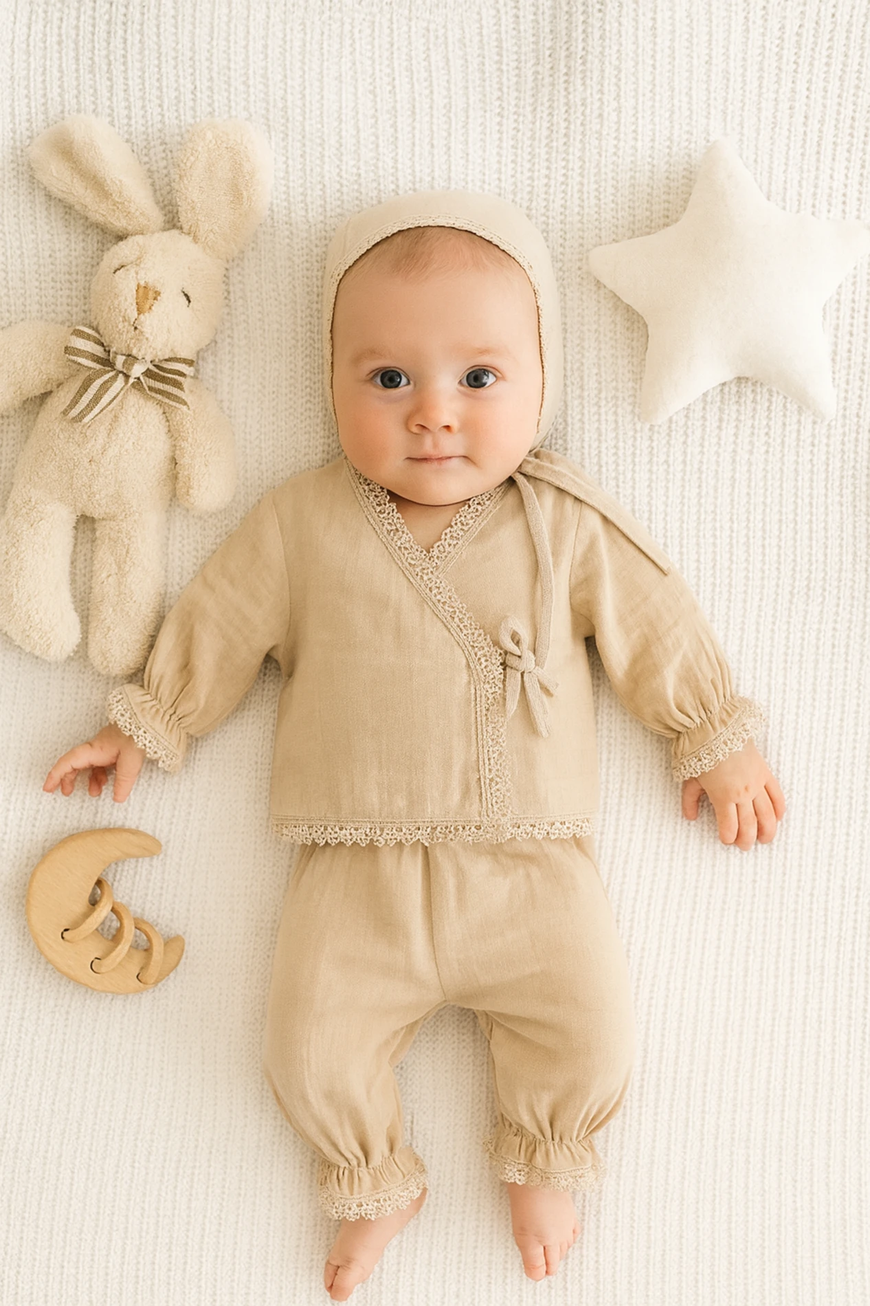 Bebek Müslin Kumaş Kruvaze Model Dantel Detaylı Hastane Çıkışı 3'Lü Set 