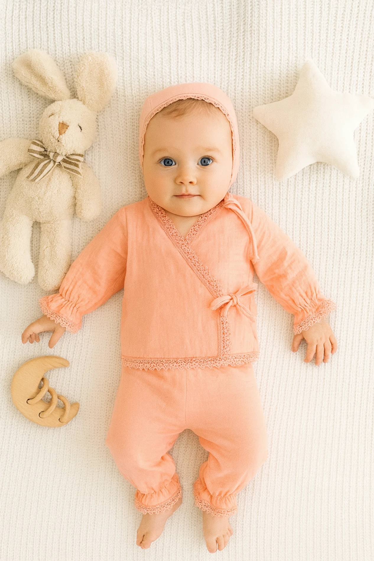 Bebek Müslin Kumaş Kruvaze Model Dantel Detaylı Hastane Çıkışı 3'Lü Set