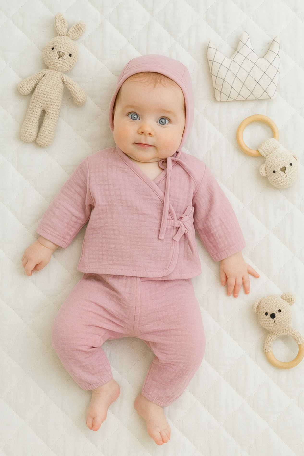 Bebek Müslin Kumaş Kruvaze Model Hastane Çıkışı 3'Lü Set 