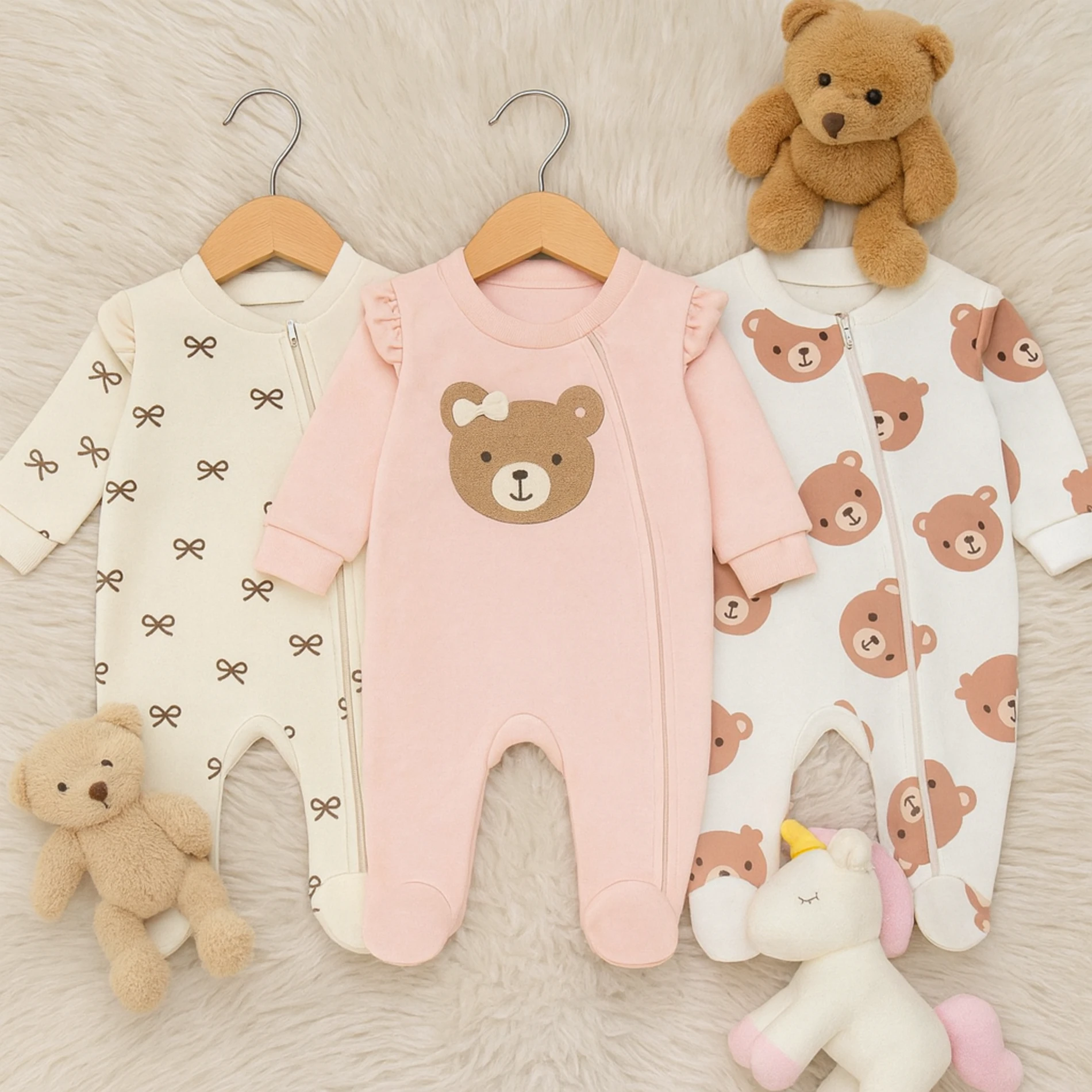 Bebek Sevimli Ayıcık Baskılı 3'Lü Tulum Set  