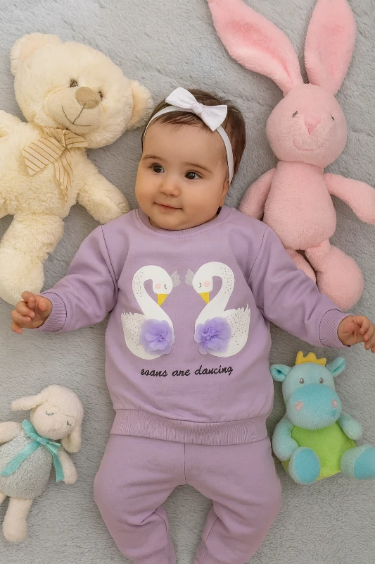Bebek Kuğu Baskılı Tül Detaylı Takım