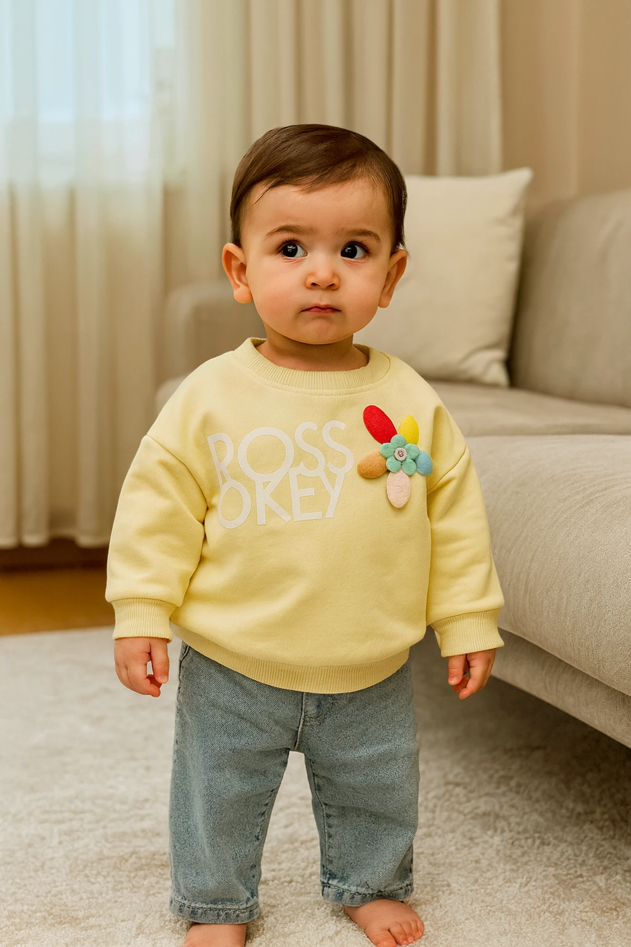 Çocuk Ross Okey Baskılı Çiçek Detaylı Kot Pantolonlu Takım 